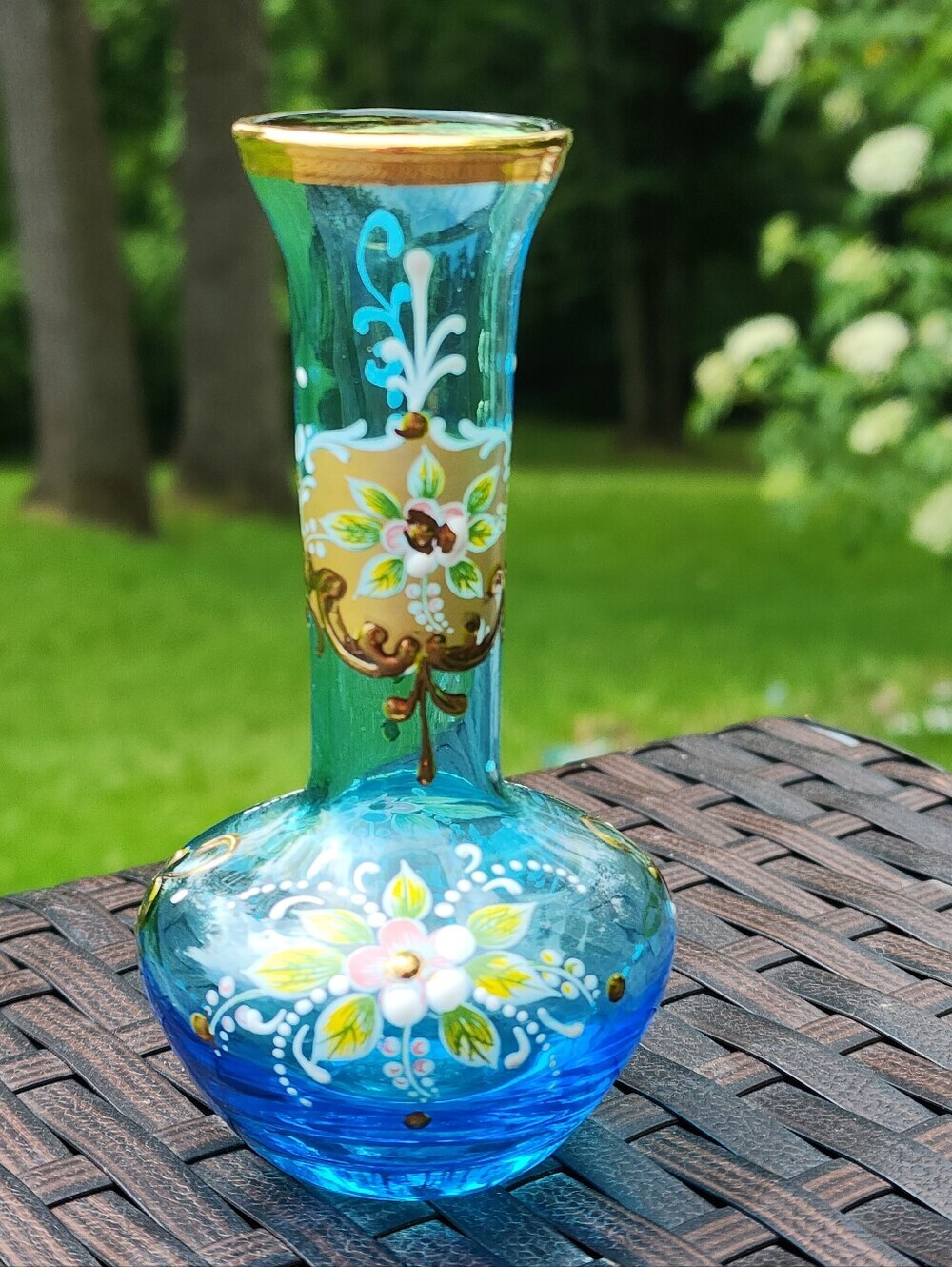 Vtg Glass Boho MCM Azure Blue Vase Hand painted Gold Embellishments Floral EUC